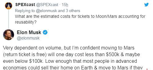 马斯克发推，只需要10万美元就可以前往火星，返程票免费呦