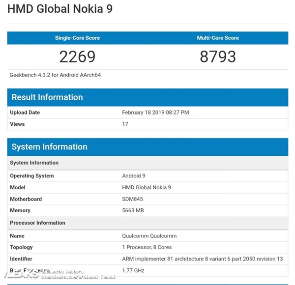诺基亚9 PureView现身GeekBench：后置五摄/骁龙845