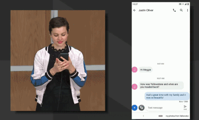 演示的美女完全用语音就打开了手机相册,并通过语音能够精确定位到“有动物”的那些照片,选中图片后,又用语音发送并编辑了一条电邮,回复甚至可以加下划线。