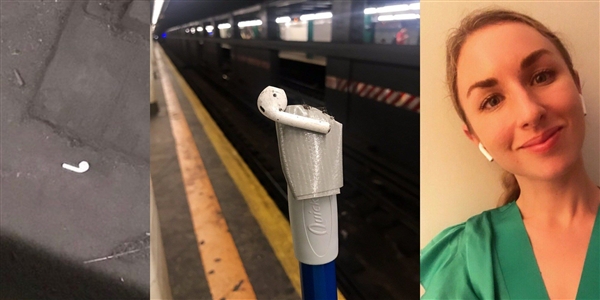 国外妹子一只AirPod不慎掉下地铁：巧用扫帚制作的胶棒粘回