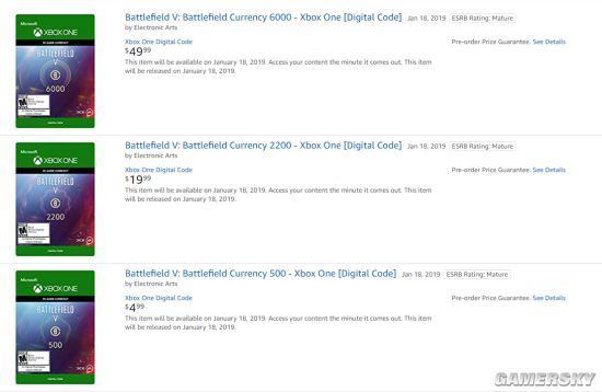 《战地5》氪金货币上架亚马逊：明年1月18日发售