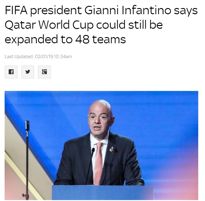 转!FIFA主席亲承卡塔尔世界杯能扩军 世预赛赛