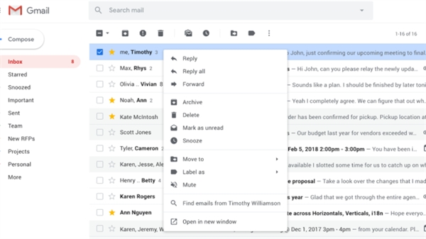 谷歌Gmail右键菜单大更新：功能增加至12个