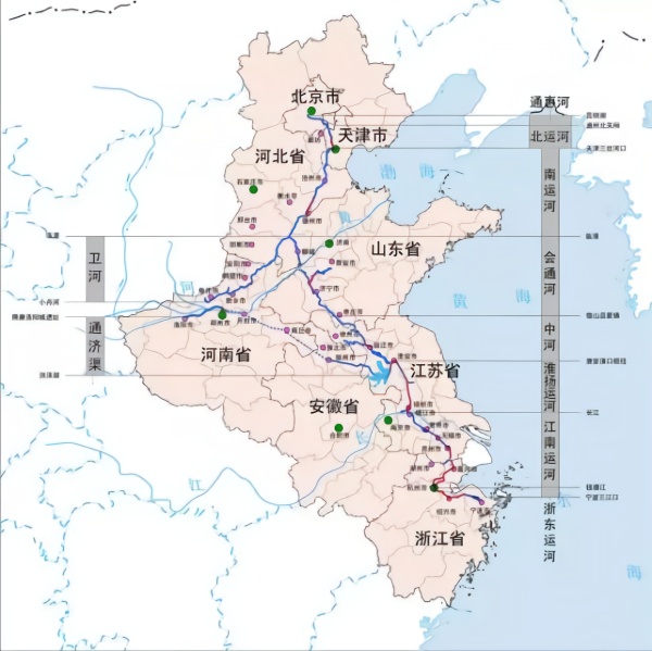 联通海河,黄河,淮河,长江,钱塘江五大水系,至今大运河历史延续已2500