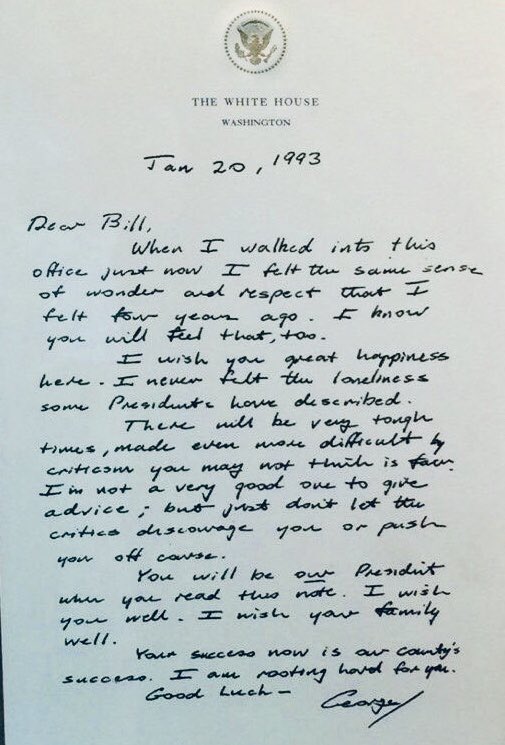 克林顿就职总统那天 老布什给他留了封手写信