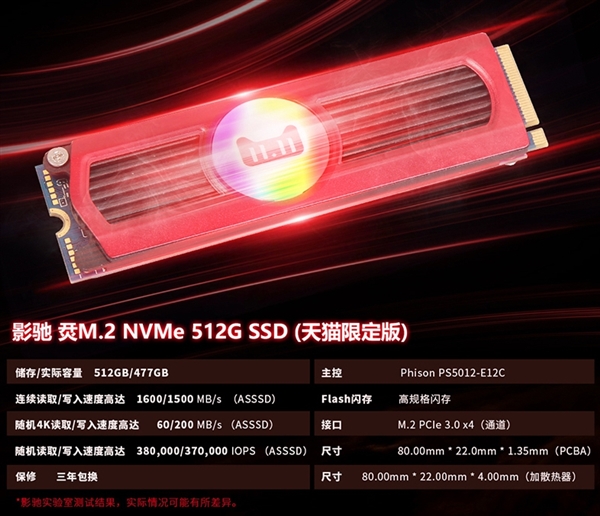 影驰烎M.2 512GB SSD天猫开卖：799元飙到1.6GB/s
