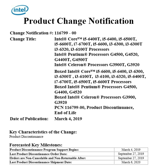 Intel宣布退役剩余所有第六代Skylake处理器：14nm功臣谢幕