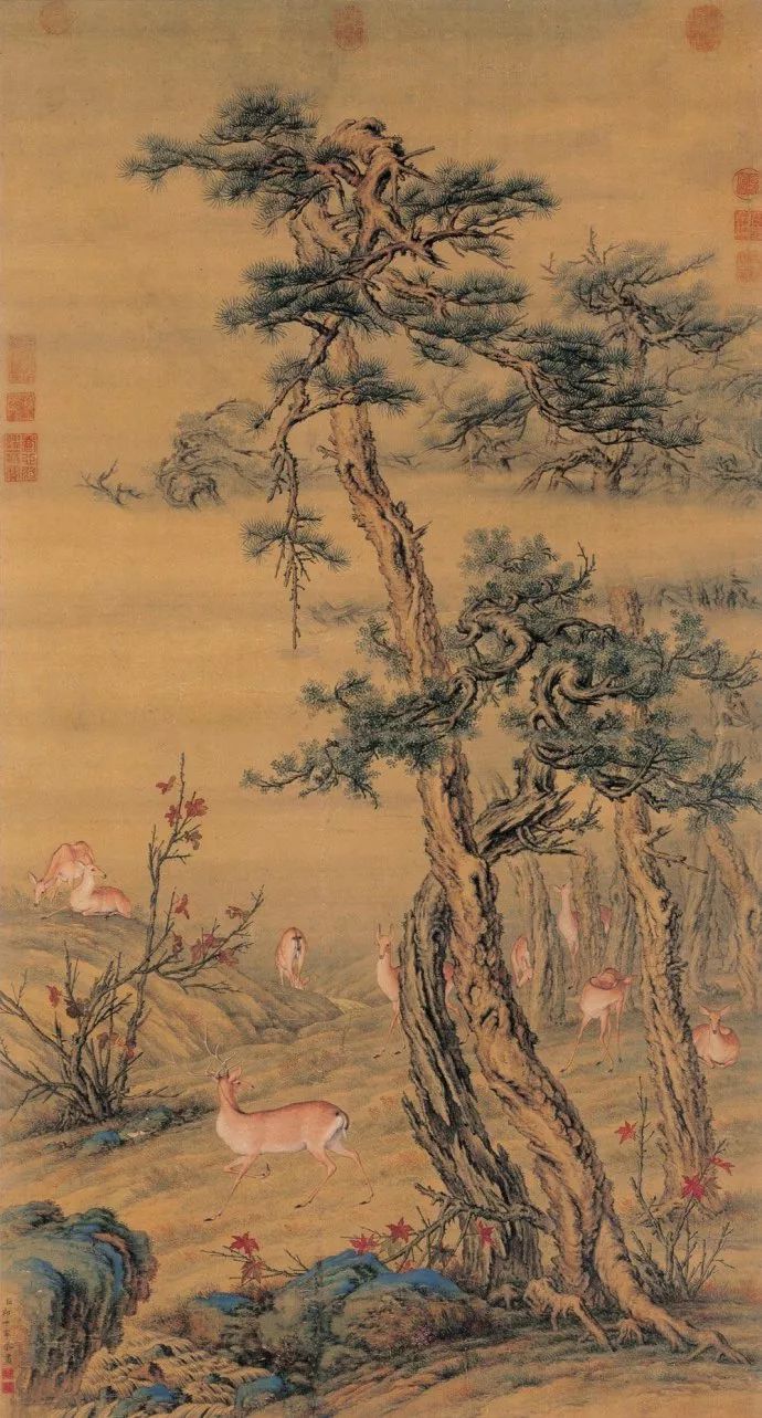 郎世宁《秋林群鹿图》