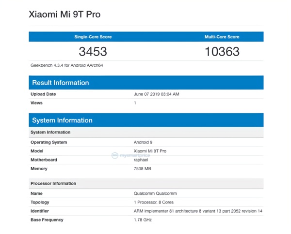 小米系列第二款骁龙855旗舰 小米9T Pro现身GeekBench