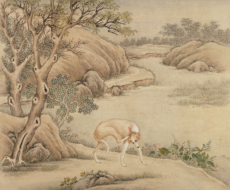 清 艾启蒙 十骏犬图册之「金翅猃」 纸本设色 纵二四·五厘米 横二九·三厘米 故宫博物院藏