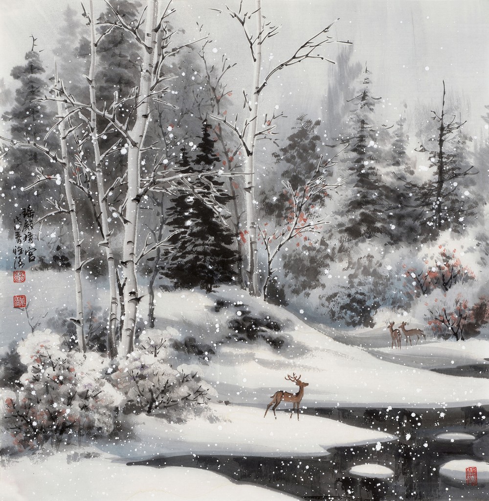 画家赵雅清创作白桦林雪景,雪白的世界更像是人间仙境