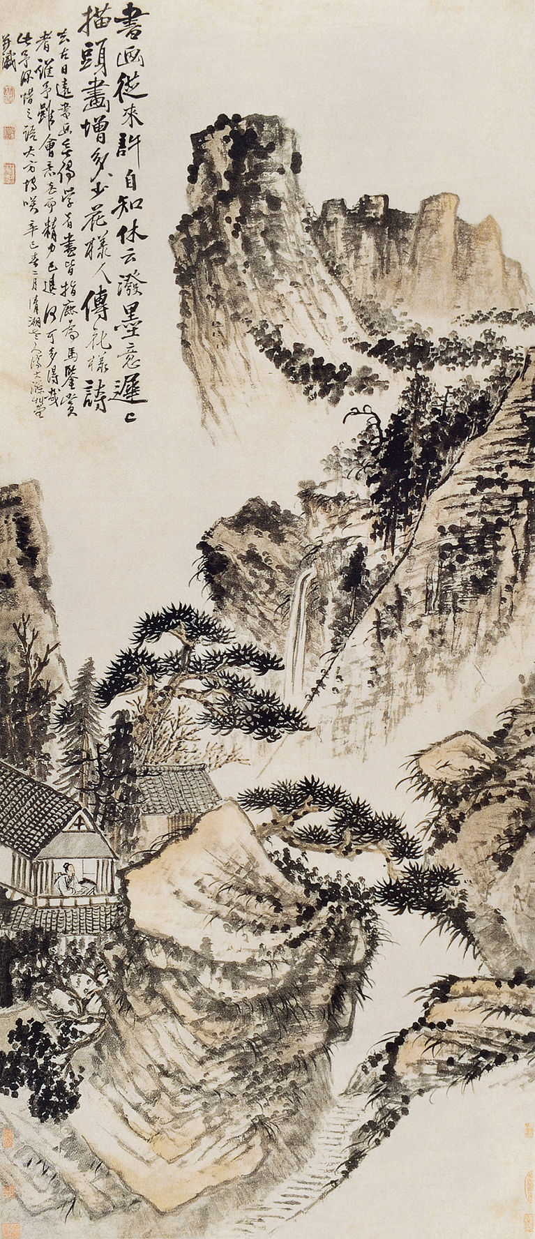 清 石涛 松窗读易图 纸本设色 80cm x187cm 1701 沈阳故宫博物院藏