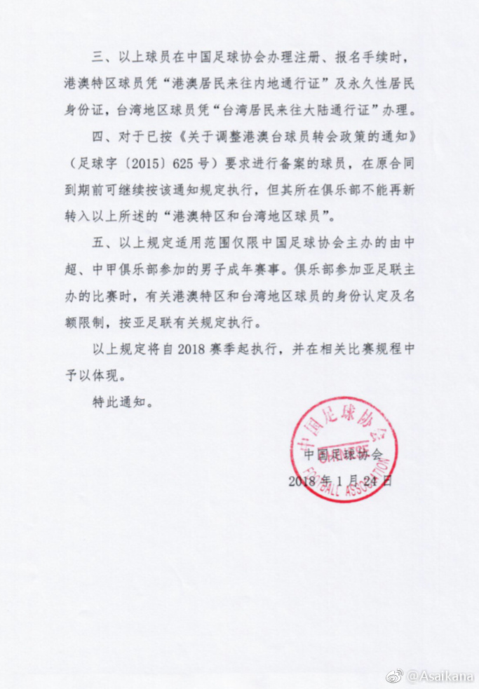 中超中甲港澳台球员政策不变,可引进1名非归化