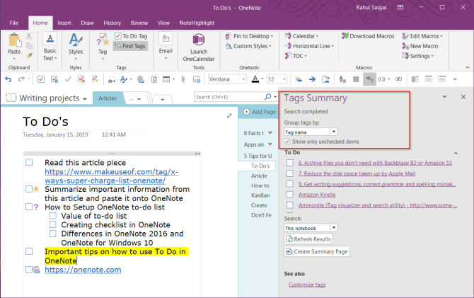在OneNote中过滤您的待办事项摘要