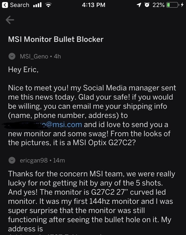 网友微星显示器被子弹击中仍能正常运行