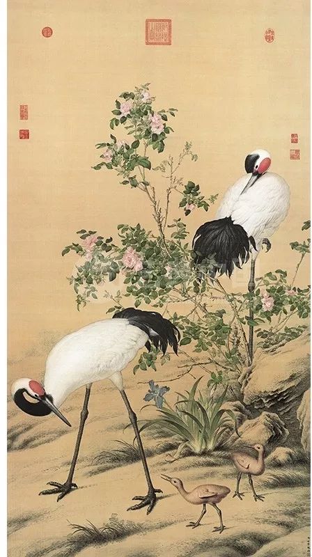 郎世宁《花阴双鹤图》