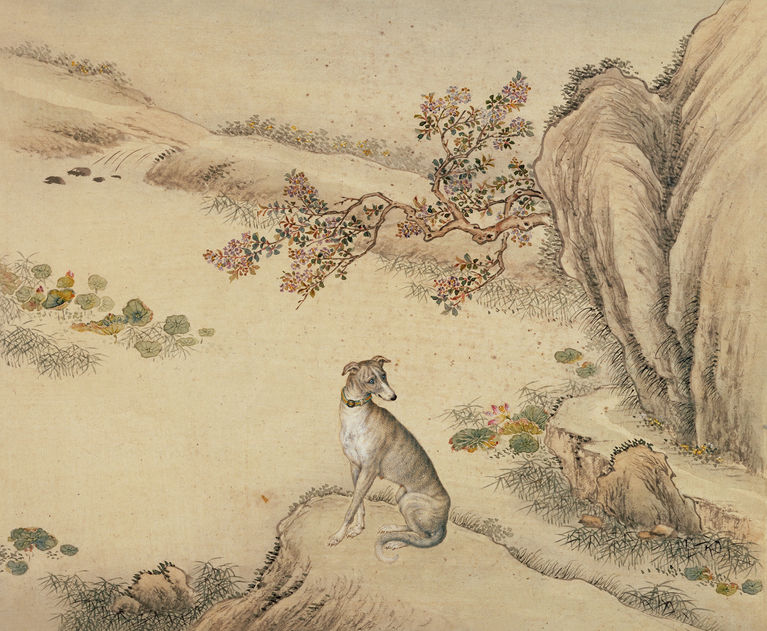 清 艾启蒙 十骏犬图册之「斑锦彪」 纸本设色 纵二四·五厘米 横二九·三厘米 故宫博物院藏