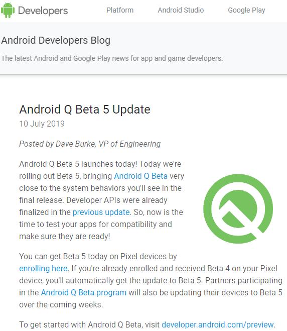 谷歌发布Android Q Beta 5：也是倒数第二个候选发布版本