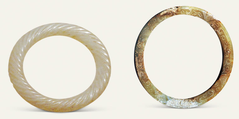 玉环 左:直径9.9、孔径8、厚0.7厘米 右:直径4.9、厚环宽0.7厘米