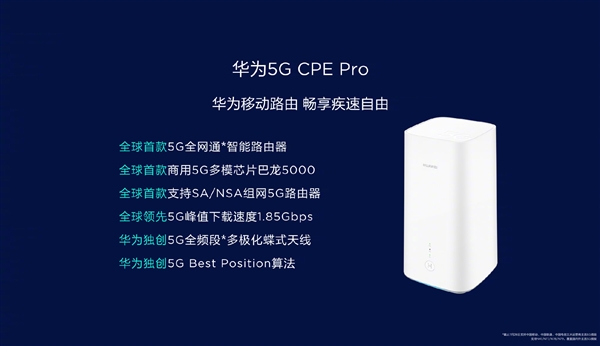 华为5G CPE Pro移动无线路由发布：双千兆口、5G峰值速度1.85Gbps