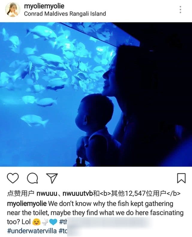 胡杏儿和儿子在海底别墅看鱼 老公发长文疑回花费传闻