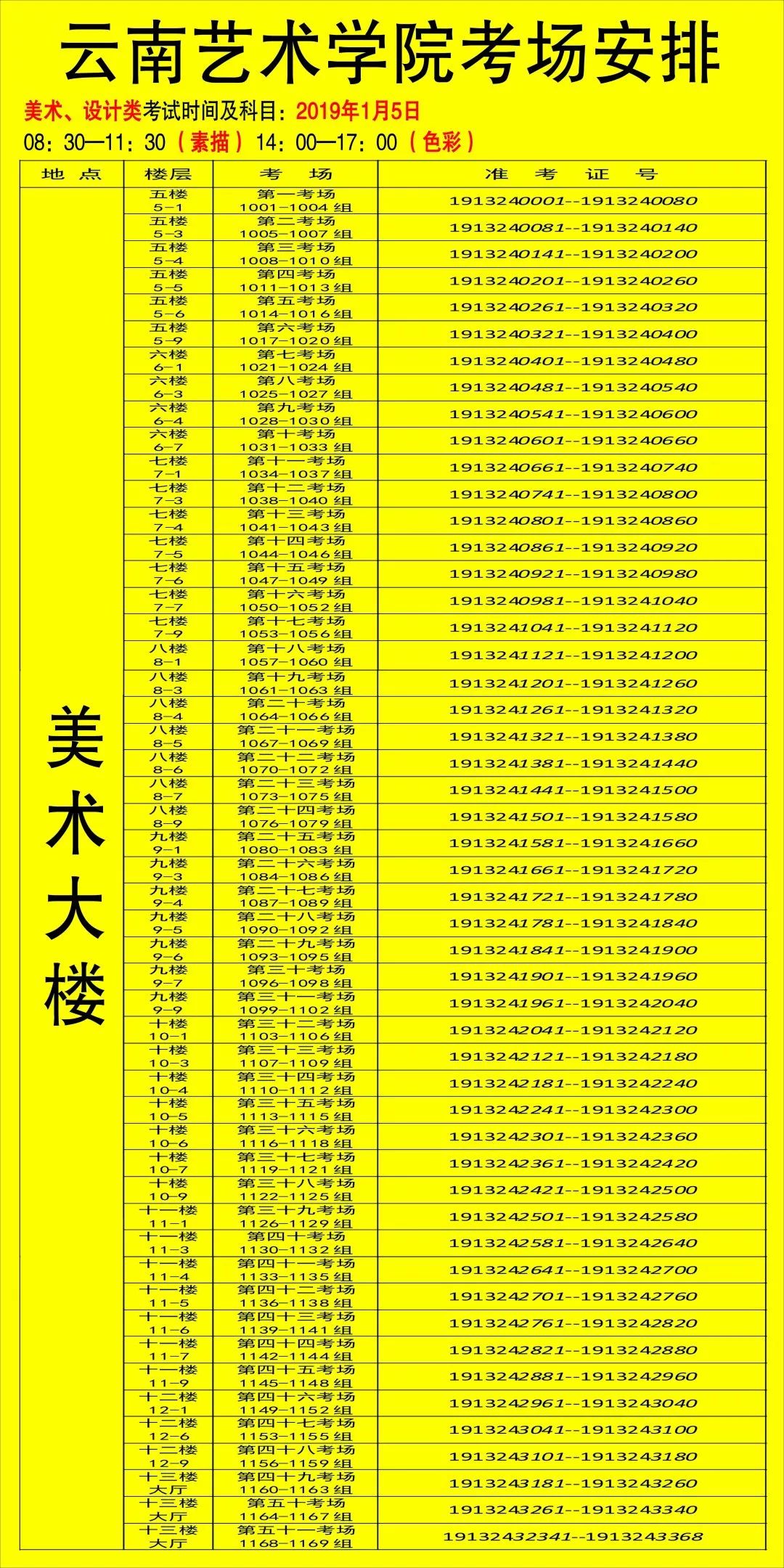 校考考场丨云南艺术学院考场安排公布