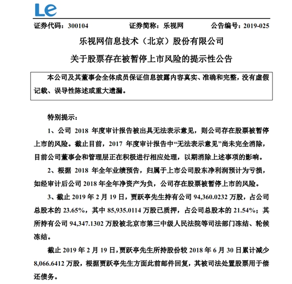 乐视网7个月30次警告股票退市:贾跃亭仍持股仅