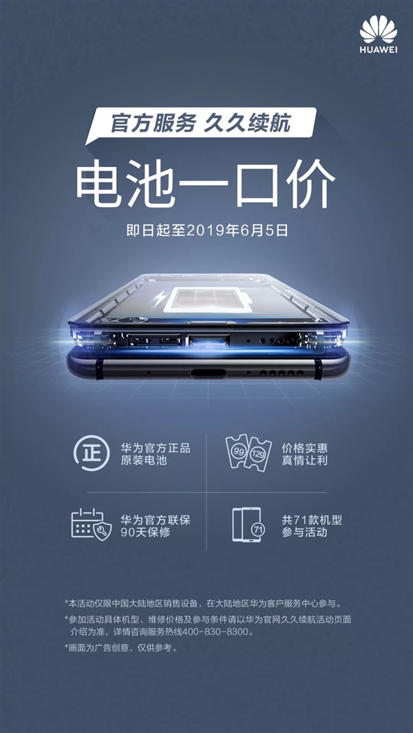 71款华为手机送惊喜福利：低价更换原装电池