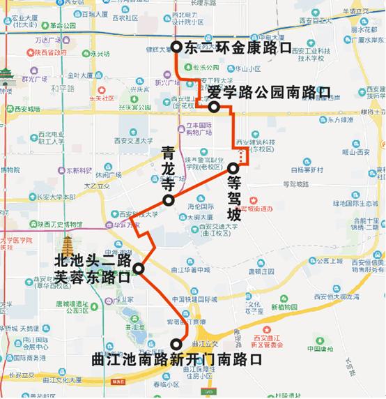 158路线路设置曲江池南路新开门南路口,芙蓉东路寒窑路口,芙蓉东路