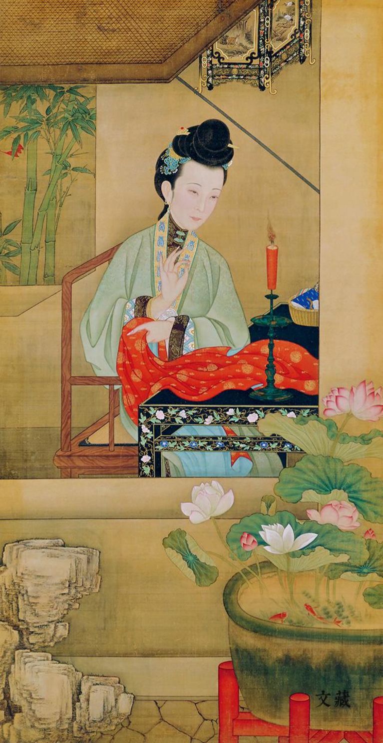 清人画胤禛妃行乐图轴烛下缝衣