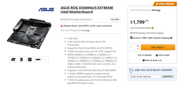 Intel 28核心专属！美蛋上架华硕Dominus Extreme：主板都破万了