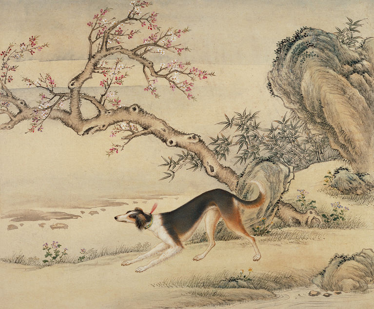 清 艾启蒙 十骏犬图册之「漆点猣」 纸本设色 纵二四·五厘米 横二九·三厘米 故宫博物院藏