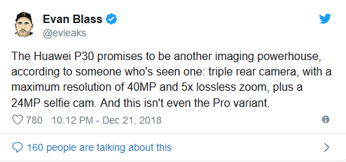 华为 P30 Pro：四摄包含3D ToF组件，可 10 倍光变