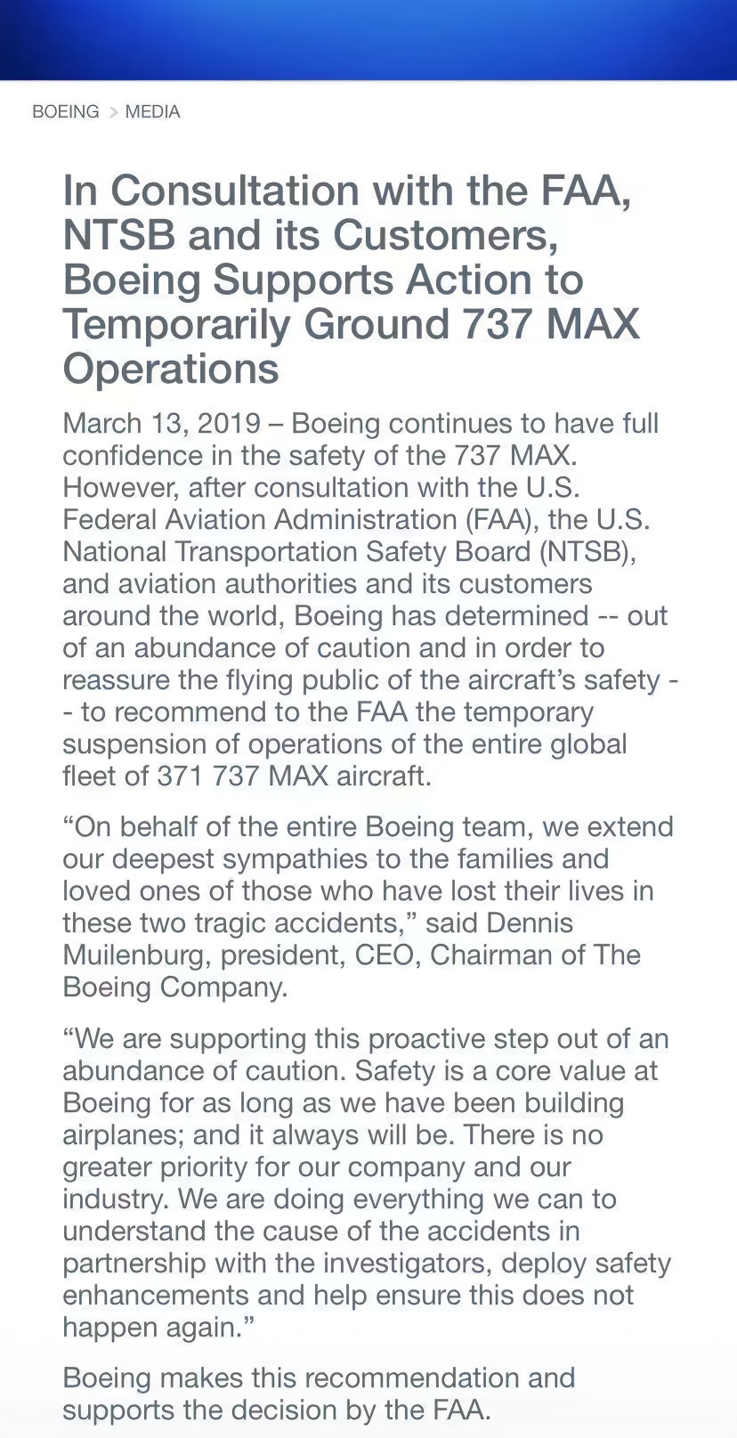 波音：支持停飞737 MAX，仍对其安全性充满信心