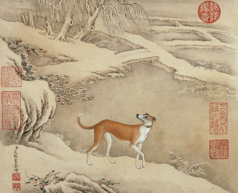 清 艾启蒙 十骏犬图册之「茹黄豹」 纸本设色 纵二四·五厘米 横二九·三厘米 故宫博物院藏