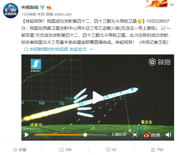 一箭射双星！北斗三号基本系统星座部署完成：年底前覆盖“一带一路”