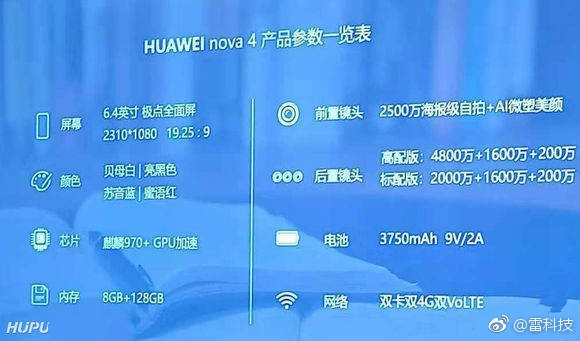 华为nova 4配置全曝光：处理器仍是麒麟970
