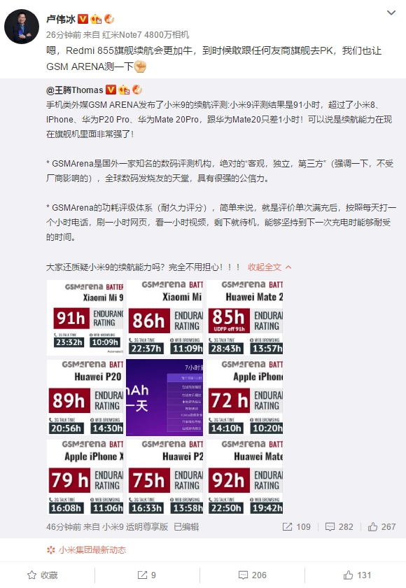 小米9续航耐久测试超华为Mate 20 Pro 卢伟冰：红米855旗舰更猛