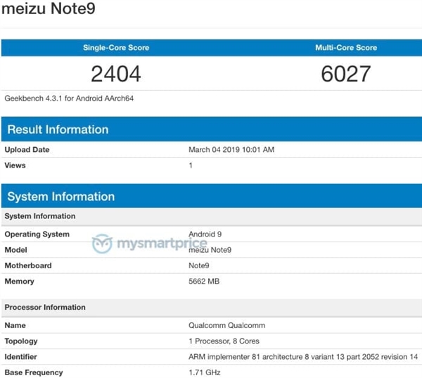 魅族Note 9现身：骁龙675跑分超710、预装安卓9.0