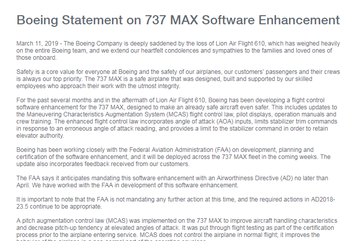 波音称将于“数周内”升级737 MAX 8软件系统