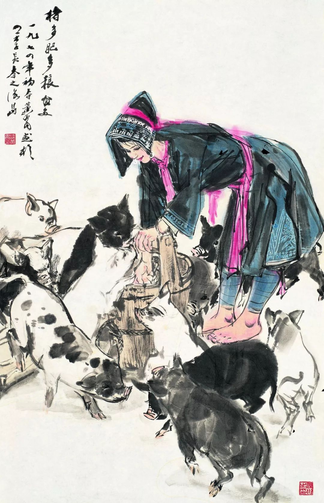 猪多肥多粮食多1974 题跋:猪多肥多粮食多。一九七四年初春黄胄画于四季长春之海岛