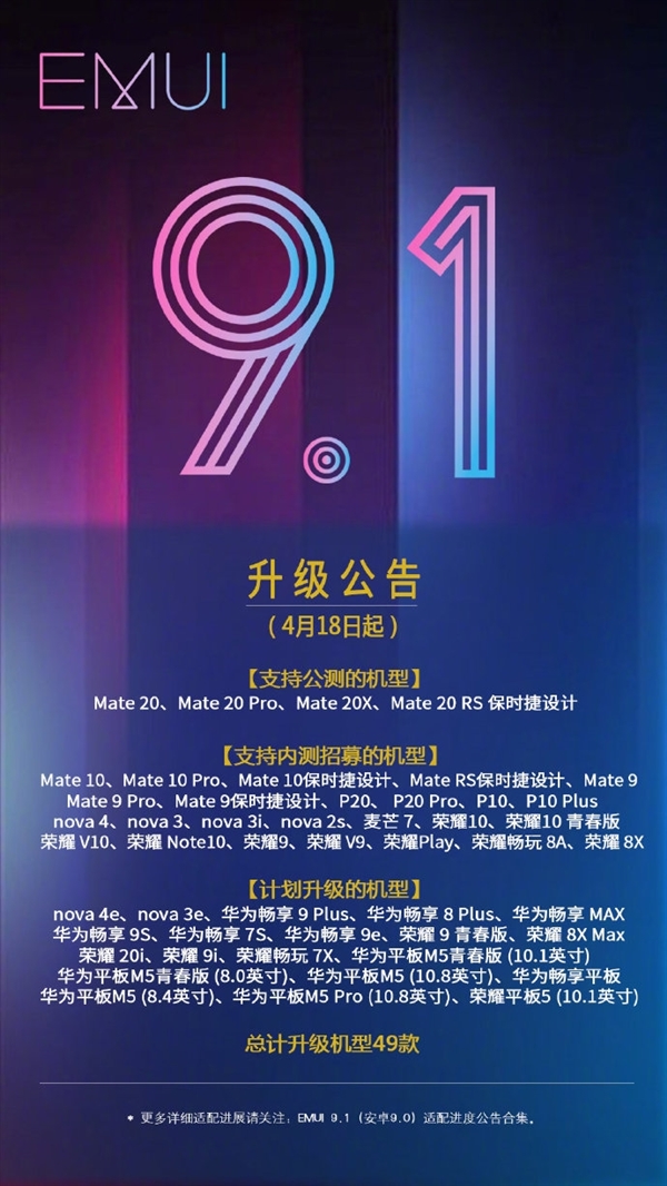 EMUI 9.1第三批公测招募：Mate 9、P10等八款老机型