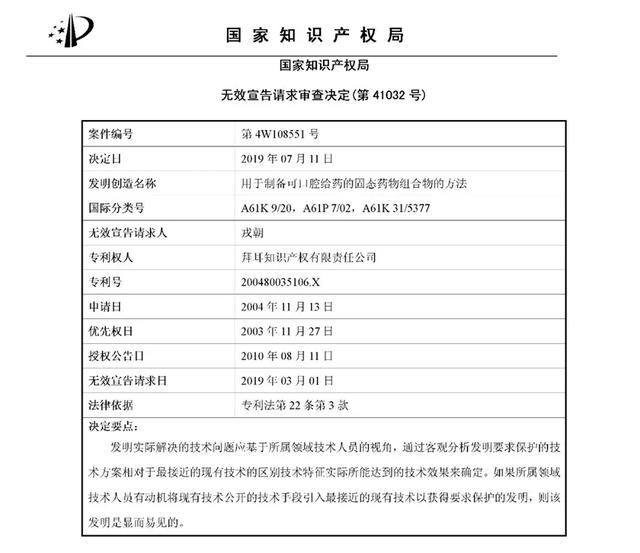 拜耳明星药市场近百亿，今一项专利被判无效，另一专利明年也将到期