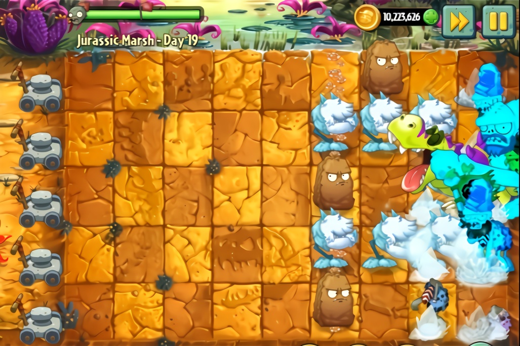 PVZ2恐龙危机第19关，原始坚果可以抗下原始巨人的3次攻击？