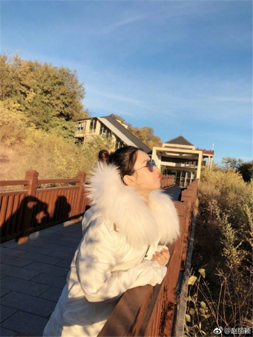 赵丽颖和老公牵手看银杏，冯绍峰的影子亮了