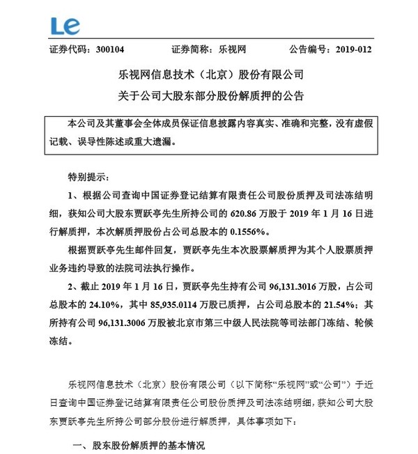 乐视网再发公告 贾跃亭解质押620.86万股