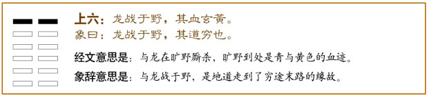 坤卦第六爻,爻辞:上六:龙战于野,其血玄黄。