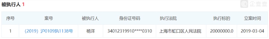 杨洋被列入被执行人名单，被告索赔2000万