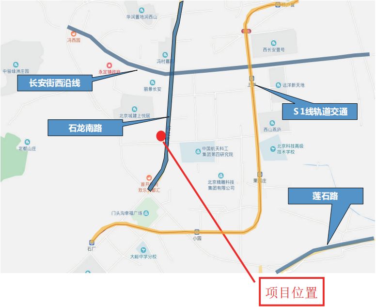 区永定镇,项目 东侧为石龙南路,s1 线轨道交通, 北侧为长安街西沿线