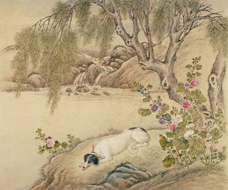 清 艾启蒙 十骏犬图册之「蓦空鹊」 纸本设色 纵二四·五厘米 横二九·三厘米 故宫博物院藏